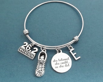 Personalized, Letter, Initial, 26.2 miles, MARATHON, She believed she could... so she did, Shoes, Silver, Bangle, Bracelet, Gift, Jewelry