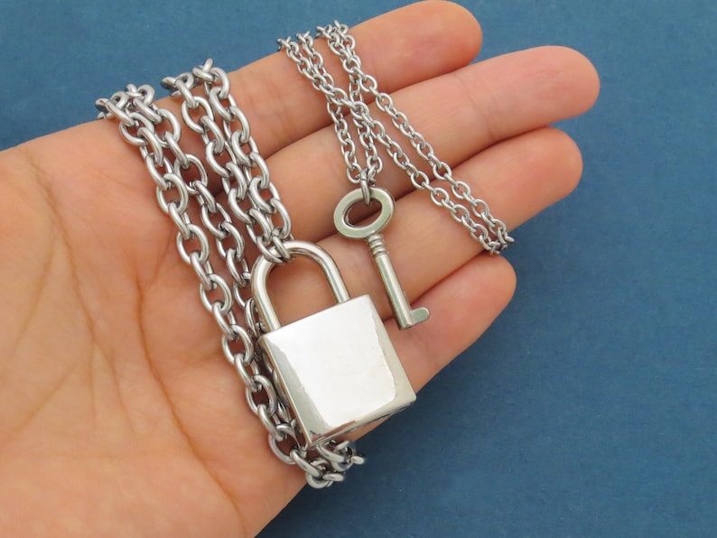 Silver Padlock and Key Necklace Set Stainless Steel Chain Etsy