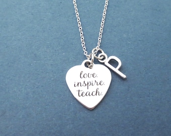 Personalized, Letter, Initial, Love. inspire. teach, Heart, Silver, Necklace, Birthday, Lovers, Best friends, Gift, Jewelry