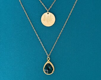 Emerald Green Glass Necklace Set, Gold or Silver Forest Coin Necklace, Pine Tree Coin Pendant Set, Woodland Jewelry Gift for Her