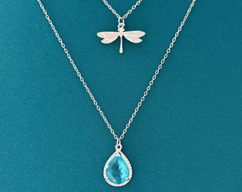 Dragonfly Aqua Glass Necklace Set, Silver Dragonfly Necklace, Silver Blue Glass Pendant Necklace, Layered Nature Jewelry Gift for Her