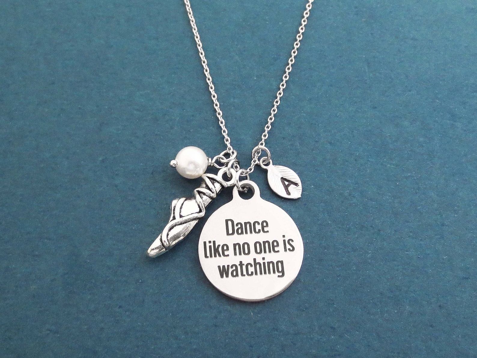 personalized, letter, initial, dance like no one is watching, toe shoes, pearl, silver, necklace, ballet, dance, gift, jewelry