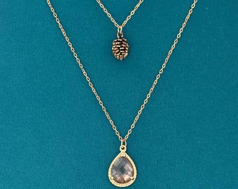 Pinecone Necklace Set, Gold Pinecone Necklace, Gold Champagne Glass Necklace, Layered Nature Necklace, Woodland Gift for Her