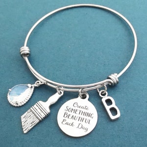 Personalizado, Letra inicial, Piedra, Crea algo hermoso cada día, Pintura, Pincel, Plata, Brazalete, Pulsera, Regalo, Joyería