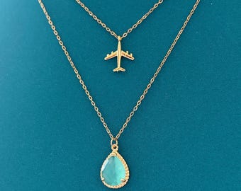 Airplane Necklace Set, Gold or Silver Plane Necklace Set, Travel Layered Necklace, Wanderlust Jewelry Gift for Her