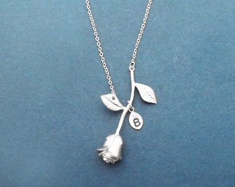 Personalized gift , Initial rose necklace, Silver necklace, Flower necklace, Custom jewelry, Handmade jewelry, Gift for Christmas