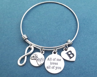 Personalized, Initial, All of me loves all of you, Pinky, Promise, Infinity, Silver, Bangle, Bacelet, Birthday, Valentine, Gift, Jewelry