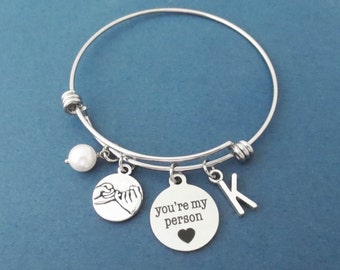 Personalized, Letter, Initial, Pinky, Promise, you're my person, White, Pearl, Bangle, Bracelet, Grey's, Bangle, Birthday, Best friend, Gift
