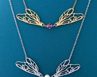 Personalized Dragonfly Necklace, Gold or Silver Dragonfly Necklace, Birthstone Necklace, Pearl Dragonfly Jewelry, Custom Gemstone Gift