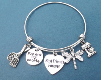 You are my sookie, Best Friends Forever, Dragon fly, Mixer, Cook, Tongs, Heart, Silver, Bangle, Bracelet, Gilmore, Gift, Jewelry