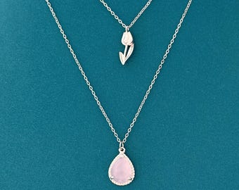 Tulip Pink Glass Necklace Set, Gold or Silver Tulip Necklace, Dainty Floral Layered Necklace, Romantic Jewelry Gift for Her