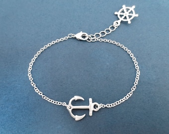 Anchor and ship wheel, Silver, Bracelet, Nautical, Marine, Bracelet, Birthday, Best friends, Sister, Gift, Jewelry