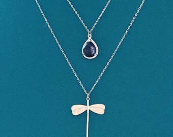 Mystical Dragonfly Necklace Set, Gold or Silver Purple Glass Necklace Set, Layered Fantasy Jewelry, 2 Piece Necklace Set for Her