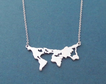 World map necklace, Gold necklace, Silver necklace, Nautical necklace, Map of the world necklace, Travel necklace