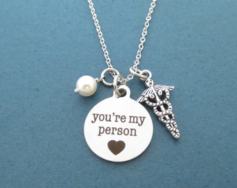 Medical, Insignia, You're my person, White, Pearl, Silver, Necklace, Heart, Love, Necklace, Birthday, Best friends, New year, Gift, Jewelry