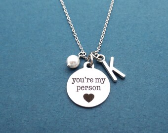 Personalized, Letter, Initial, White, Pearl, You're my person, Silver, Necklace, Birthday, Lovers, Best friends, Christmas, Gift, Jewelry