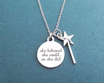 She believed, She could..., So she did, Wand, Silver, Necklace, Magic, Wand, Hope, Wish, Accomplishment, Christmas, Gift, Jewelry