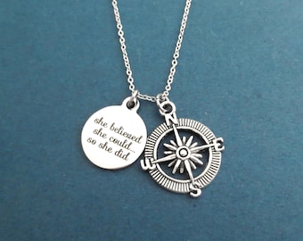 She believed, she could..., so she did, Compass, Silver, Necklace, Travel, Navigation, Accomplishement, Achievement, New year, Gift, Jewelry