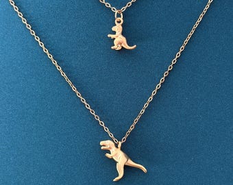 Dinosaur Necklace Set, Gold T-Rex Necklace, Tiny Dinosaur Pendant Necklace, Dinosaur Jewelry, Gift for Dinosaur Lover