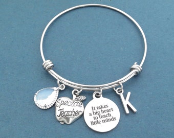 It takes a big heart to teach little minds, Personalized, Stone, Color, Letter, Initial, Special Teacher, Bangle, Bracelet, Gift, Jewelry