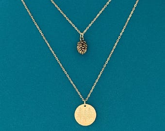 Pinecone Forest Coin Necklace Set, Gold or Silver Woodland Necklace Set, Pine Tree Coin Necklace, Nature Jewelry Gift for Her