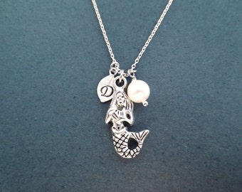 Personalized, Letter, Initial, Mermaid, White, Pearl, Silver, Necklace, Mermaid, Airel, Jewelry, Lovers, Friends, Sister, Gift, Jewelry