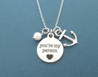 You're my person, Hook on you, Anchor, White, Pearl, Silver, Necklace, Birthday, Best friends, Lovers, Friendship, Gift, Jewelry