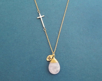 Personalized necklace Genuine Rose quartz necklace Sideway necklace Cross necklace Initial necklace Custom jewelry Handmade jewelry
