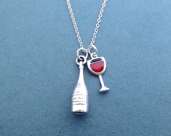 Wine bottle, Wind glass, Silver, Necklace, Lovely, Cute, Wine, Jewelry, Birthday, Best friends, Party, Anniversary, Gift, Jewelry