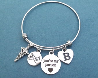 Personalized, Letter, Initial, You're my person, Pinky, Promise, Caduceus, Heart, Silver, Bangle, Bracelet, Lovers, Friends, Gift, Jewelry