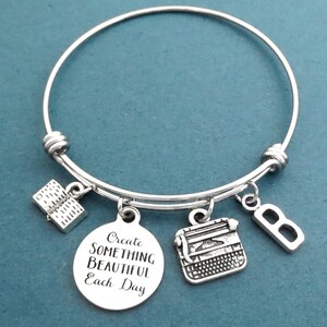 Personalizado, Carta, Inicial, Crie ALGO BONITO Cada Dia, Máquina de Escrever, Livro, Prata, Pulseira, Pulseira, Presente, Joias