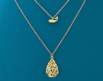 Ocean Wave and Whale Necklace Set, Gold or Silver Layered Necklace Set, Whale Necklace, Ocean Jewelry Gift for Her