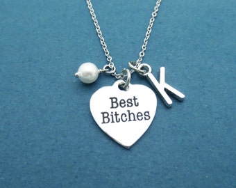 Personalized jewelry, Initial necklace, Best bitches necklace, Pearl necklace, Heart necklace, Best friend present, Friendship present