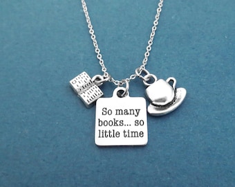 So many books... so little time necklace Mug Coffee cup Book necklace Silver necklace Gift for her Gift for family Housewarming gift