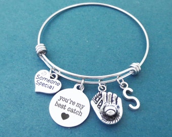 Personalized, Letter, Initial, You're my best catch, Someone Special, Heart, Baseball Gloves, Bangle, Bracelet, Lovers, Best friends, Gift