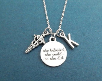 Personalized, Letter, Initial, She believed, she could..., so she did, Medical, Symbol, Silver, Necklace, Gift, Jewelry