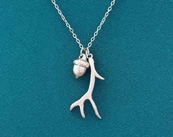 Antler and Acorn Necklace, Gold Silver Woodland Necklace, Nature Inspired Forest Jewelry Gift for Women