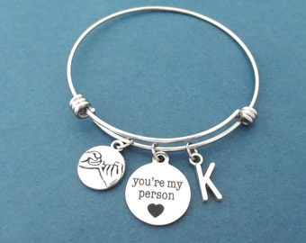 Personalized, Letter, You're my person, Pinky, Promise, Heart, Silver, Bangle, Bracelet, Birthday, Best friends, Valentine, Gift, Jewelry