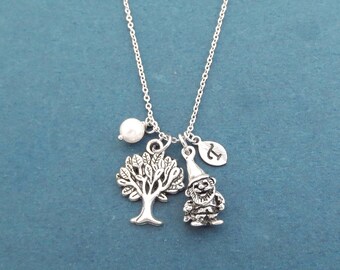 Personalized, Letter, Initial, Garden gnome, Tree, White, Pearl, Silver, Necklace, Birthday, Best friends, Sister, Gift, Jewelry