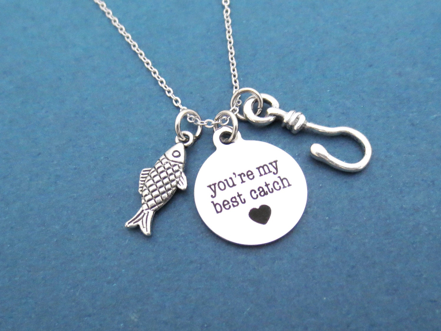 You're my best catch, Fish, Hook, Heart, Silver, Necklace, Birthday,  Lovers, Friendship, Best friends, Gift, Jewelry