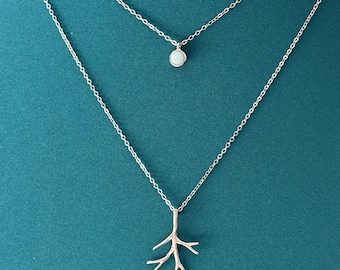 Aqua Blue Gemstone and Branch Necklace Set, Silver Layered Necklace Set, Nature Inspired Branch Necklace, Minimalist Jewelry Gift for Her