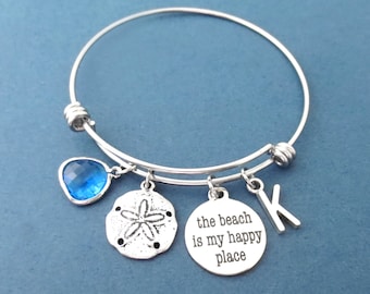 Personalized, Letter, Initial, The beach is my happy place, Starfish, Blue, Ocean, Glass, Bracelet, Bangle, Friends, Lovers, Gift, Jewelry