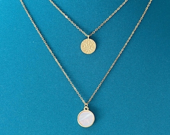 Gold Textured Coin and Shell Necklace Set, Gold Layered Necklace Set, Round Shell Pendant Necklace, Minimalist Jewelry Gift for Her
