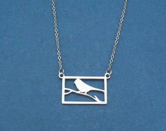 Framed bird necklace, Bird in a cage necklace, Bird on a branch necklace, Bird gift, Animal gift, Best friend gift, Friendship gift