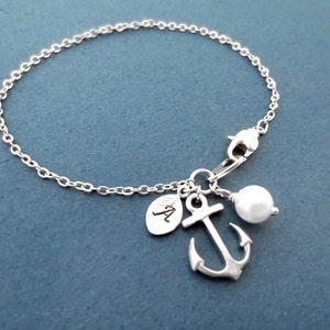 Personalizado, Letra, Inicial, Perla, Plata, Ancla, Pulsera, Marina, Ancla, Joyería, Amistad, Mejor amigo, Amante, Regalo, Joyería