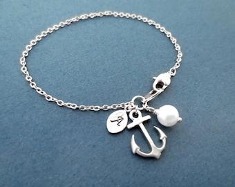 Personalized, Letter, Initial, Pearl, Silver, Anchor, Bracelet, Marine, Anchor, Jewelry, Friendship, Best friend, Lover, Gift, Jewelry