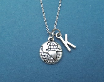 Personalized, Letter, Initial, Globe, Earth, Silver, Necklace, Birthday, Best friends, Sister, Gift, Jewelry