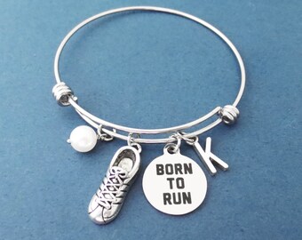 Personalized, Letter, Initial, BORN TO RUN, Runner, Shoes, Pearl, Bnagle, Bracelet, Best friends, Birthday, Sister, Gift, Accessory, Jewelry