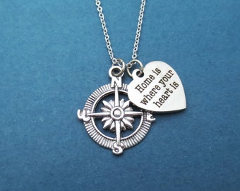 Compass, Home is where the heart is, Silver, Necklace, Heart, Compass, Traveller, Birthday, Prom, Gift, Jewelry, Accessory, Necklace