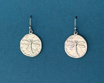 Dragonfly Coin Earrings, Gold or Silver Coin Dangle Earrings, Nature Inspired Dragonfly Jewelry Gift for Her